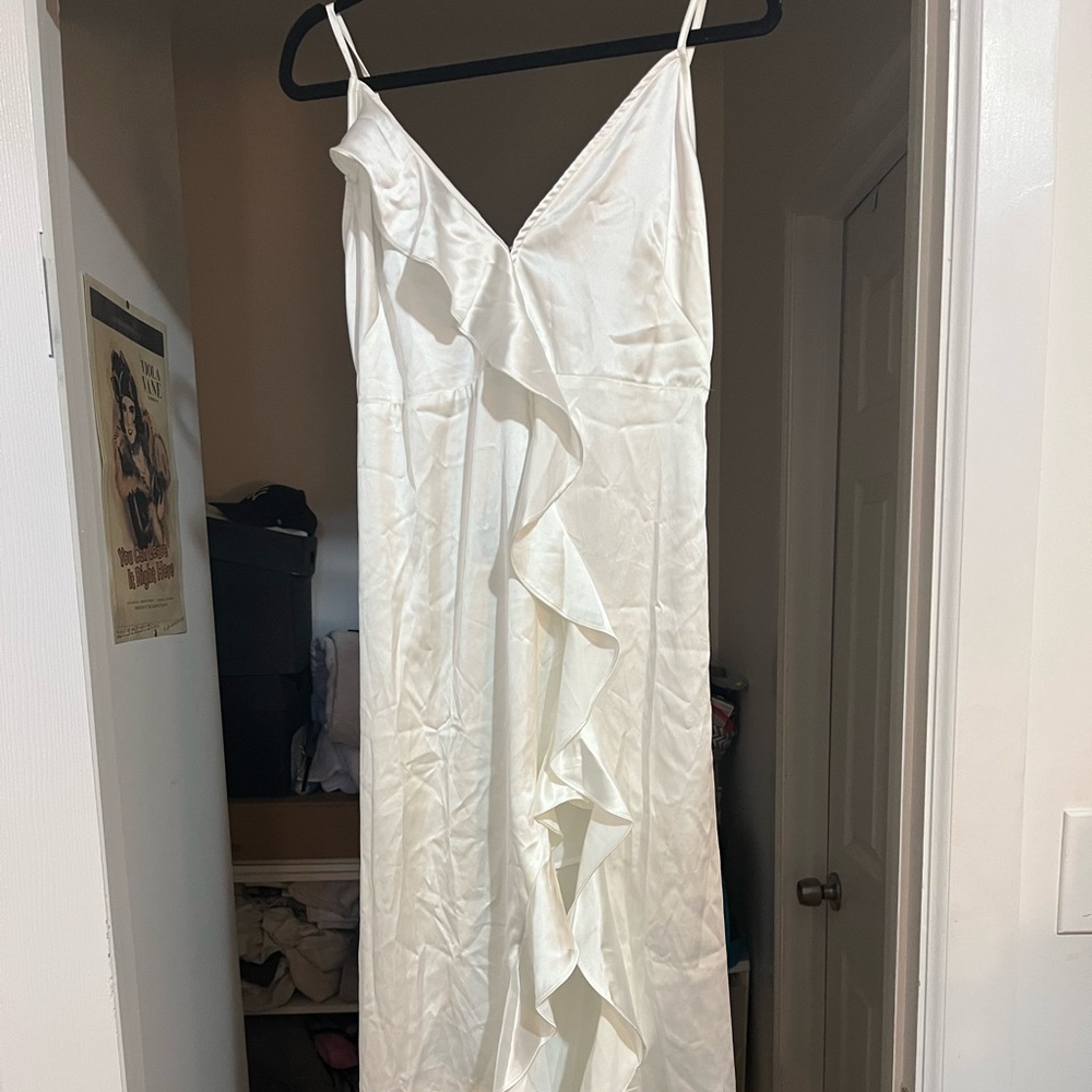 Molly Green- Floor length, high-low satin Rehearsal Dinner Dress